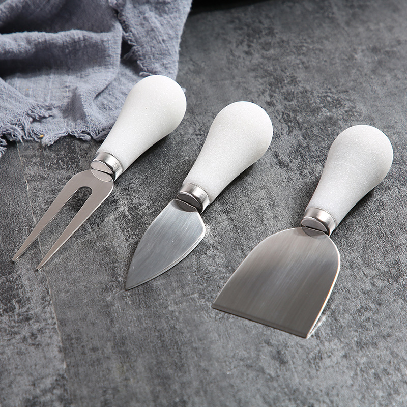 3-Piece Stainless Steel Cheese Knife Set with White Ergonomic Handles – Fork, Spreader, and Slicer